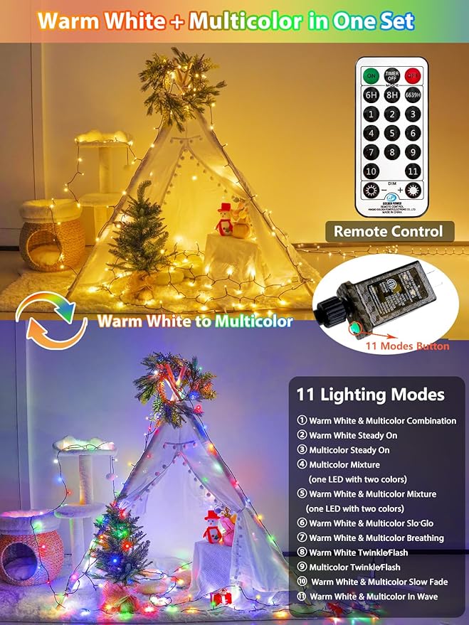 1000 LED 330 FT Color Changing Christmas Lights with 11 Lighting Modes, Fairy String Lights with Remote, Timer & Memory Function Waterproof for Xmas Tree Holiday Party Decor(Warm White & Multicolor)