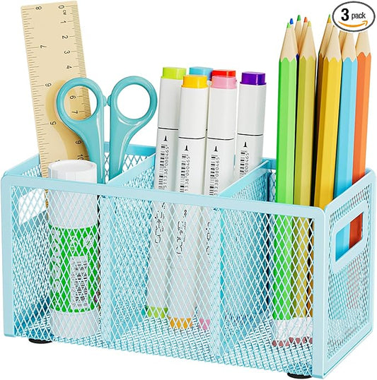 Marbrasse Mesh Pen Holder for Desk,Pencil Holder Desk Organizer 3 Adjustable Compartments,Pencil Cup with Handle Perfect for Classroom, Office, Home,Makeup,Art (Blue)