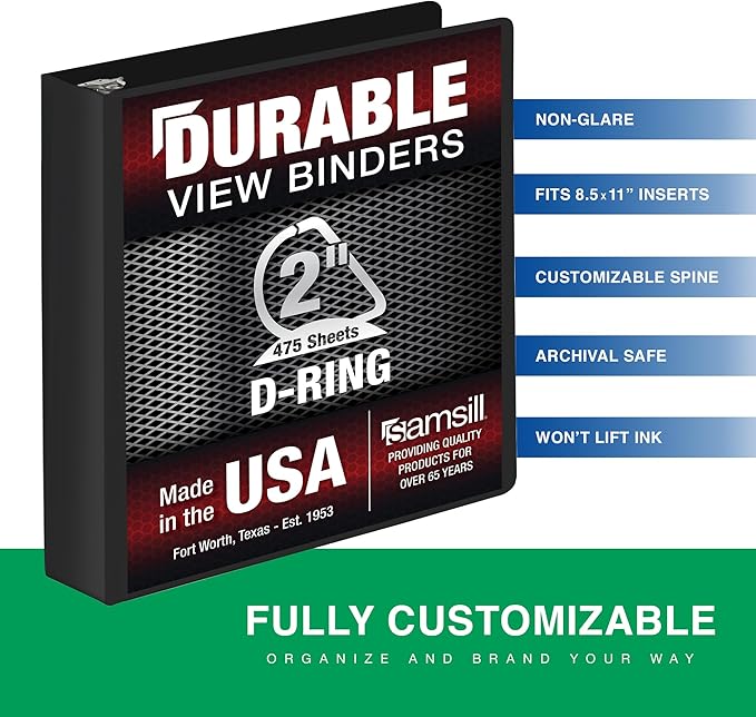 Samsill Durable 2 Inch Binder, Made in The USA, D Ring Binder, Customizable Clear View Cover, Charcoal Black, Holds 475 Pages