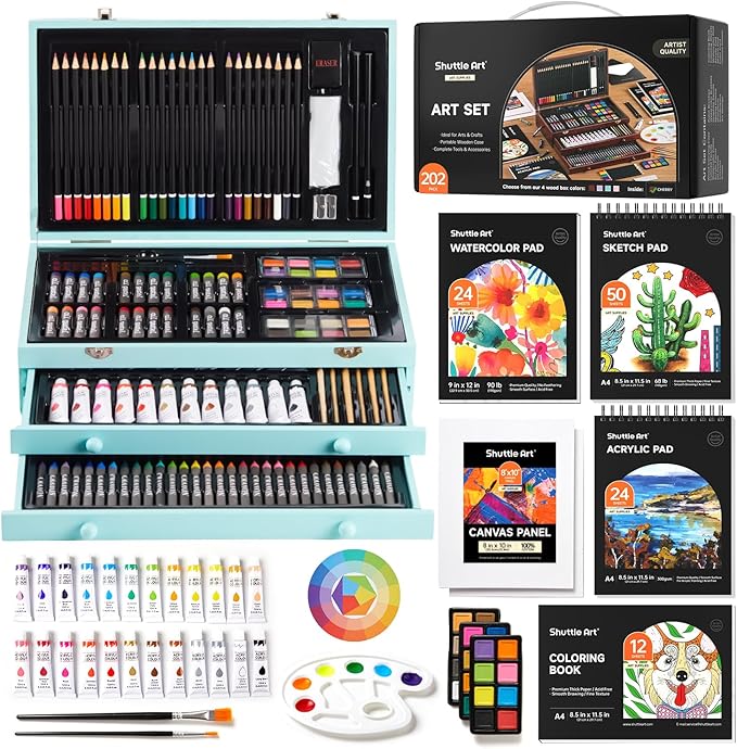 Shuttle Art Deluxe Gift Art Kit, 202-Piece Wooden Art Supplies Set with 4 Drawing Pads, Canvases, Coloring Sheets, Acrylic Paint, Crayons, Oil Pastels, Colored Pencils for Kids