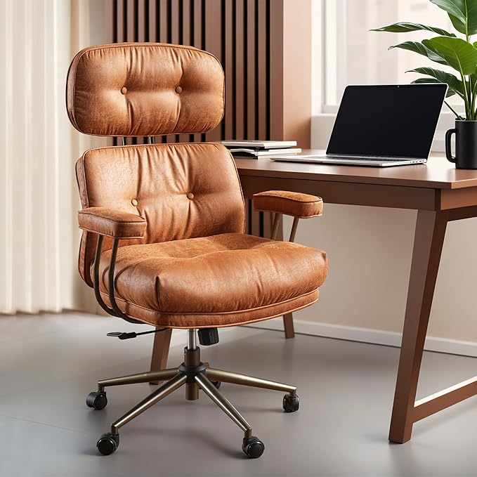 ovios Ergonomic Home Office Chair, Mid-Century Modern Faux Leather Chairs with Thickened Cushions, Comfy High Back Swivel Rolling Executive Computer Armchair (Brown, Suede Leather)