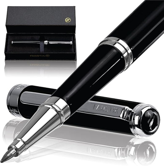 Customized Black & Silver Luxury Rollerball pen (Made In USA) fancy gift set for women, Chrome Finish, Professional executive pen gift set for men (Lux Custom-Rollerball Black-Silver)