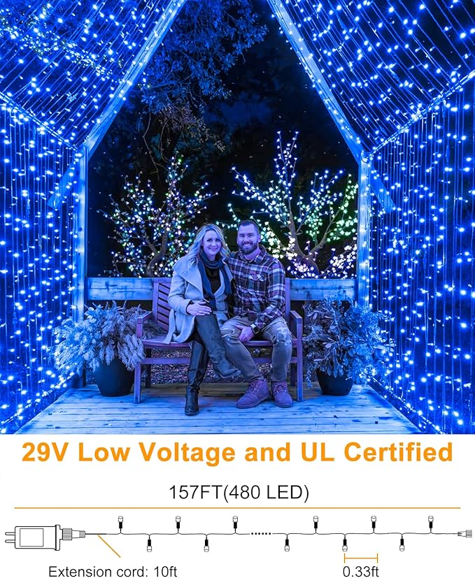 157FT 480 LED Christmas Lights Outdoor, Plug in Christmas Tree Lights Waterproof, 8 Modes Green Wire Fairy String Light for Indoor Home Patio Tree House Holiday Decorations, Blue