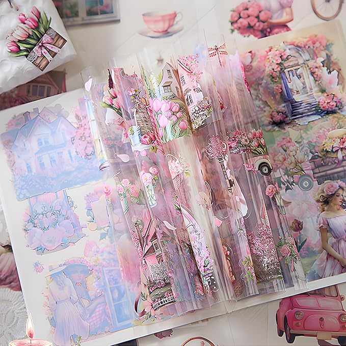 Snycler Pink Garden Series Sticker Book - 20 Sheets Vintage PET Stickers for Scrapbooking, Junk Journaling, Ephemera, and Decorative Crafts - Pre-Cut Nature Design Stickers