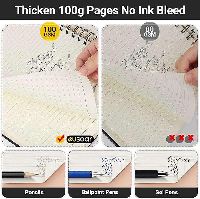 EUSOAR Notebook with Tabs, 3 Pack A4 Letter Size11 x 8-1/2", Black Hardcover Spiral 5 Subject Notebook, 120 Sheets/ 240 Pages, 100GSM College Ruled Paper, Journals for Work Office School Composition