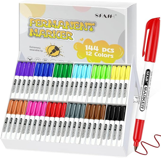 SFAIH 144 Pack Permanent Markers Bulk - Classroom Set, 12 Vibrant Colors, Works on Paper, Clothes, Plastic, Fabric, Wood, Student Art Supplies, Drawing, Coloring, Non-Toxic, Classroom Group Supplies