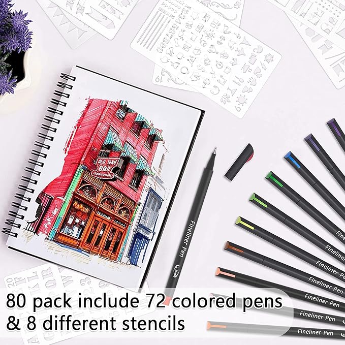 Tebik 80 Pack Planner Colored Pens, 72 Colors Drawing Pens with 8 Stencils, Fineliners for Journal Planner Note Calendar Writing Coloring, Drawing & Detailing School Office Art Supplies