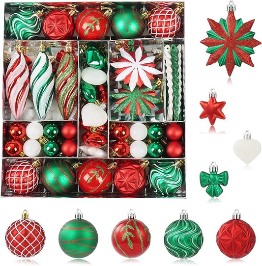 Red Green White Christmas Ornaments Set, 82Pcs Shatterproof Medium Christmas Ball Ornaments, Christmas Decorations Hanging Ornaments for Xmas Trees, Holiday, Party Decor (Red & Green & White)