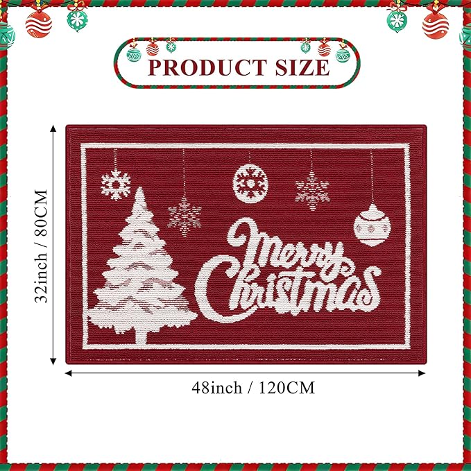 Christmas Doormat with Non Slip, Loop Pile Red and White Indoor Christmas Welcome Mat with Absorbent & Dirt-Trapping, Outdoor Christmas Tree Door Mat Front Porch Decor 32x48 Inch