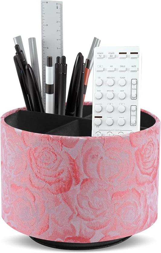 QIELIZI Round Leather Art Supply Organizer,Remote Control Holder,360 Degree Rotating,Multi-Functional Pencil Holder,4 Compartments Desktop Stationary Organizer(1-3D Rose Pink)
