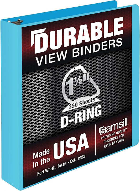 Samsill Durable 1.5 Inch Binder, Made in The USA, D Ring Binder, Customizable Clear View Cover, Sky Blue, Holds 350 Pages
