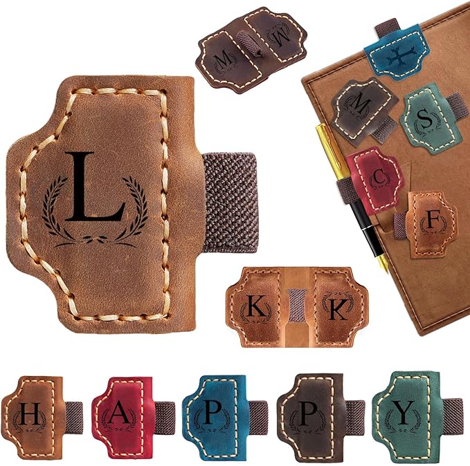 Custom Bygone Mark Bookmark with Pen Holder, 26 Letters Name Initial Personalized Magnetic Leather Bookmark, Gifts for Book Lovers, Readers, Travelers, Leather Book Marks (Light Brown, L)