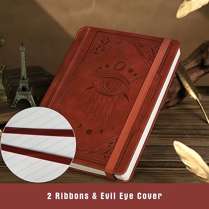 TIEFOSSI Lined Journal Notebook for Women Men, Leather Journal with Pen, A5 Evil Eye Hardcover Notebook for Work, Journaling, Travel & School, 100 GSM Thick Paper, 320 Numbered Pages, 6.2 x 8.3 in