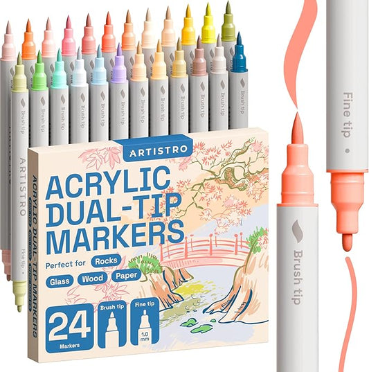 ARTISTRO 24 Pastel Dual-Tip Acrylic Paint Markers - Brush + Fine Tip Combo - Multi-Surface Paint Pens in Soft Colors