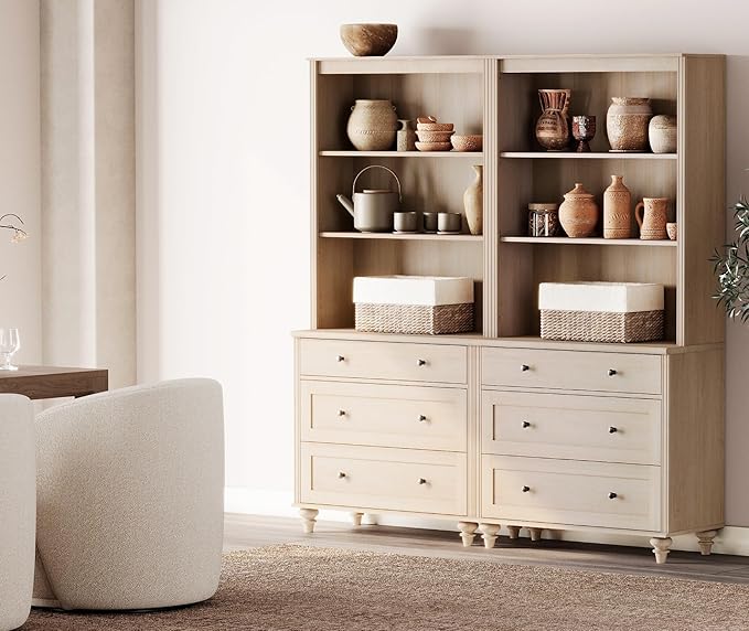 WAMPAT 3 Tier Bookshelf with 3 Drawers, 72" Tall Bookcase Large Farmhouse Display Book Case Shelf with 3-Tier Open Book Shelfs，Library Wood Bookshelves for Living Room,Kitchen, Light Oak(2PCS)