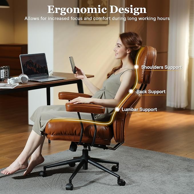 Mid Century Modren Big and Tall Office Chair,Large Ergonomic Executive Chair for Heavy Duty People, Computer Desk Task Chair with Wheels, Faux Lether Fabric Wide Chair for Home Sturdy,Brown(PU)