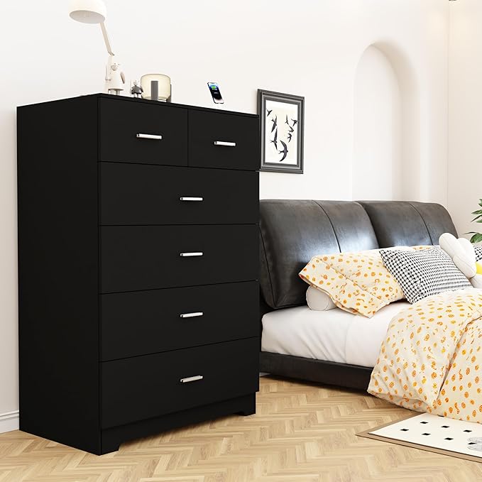 Dresser with Power Outlets Wooden 6 Drawer Dresser with Large Organizer Black Tall Storage Organizer with Smooth Metal Rail Modern Chest of Drawers Closet for Bedroom Hallway