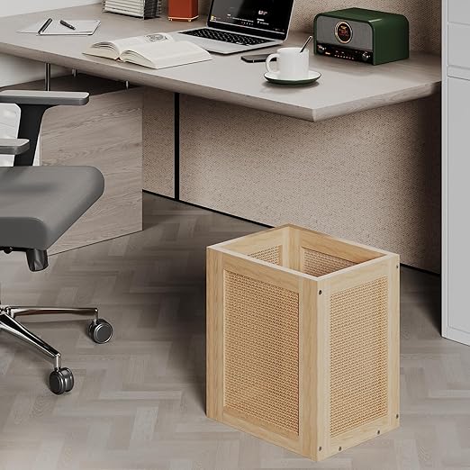 Retro Office Trash Can, Iron and Wood Combination Bedroom Garbage Can, Rectangular Design Wastebasket with Handle, Industrial Style Trash Can for Home Office, 4.5 Gallon (Natural Color)