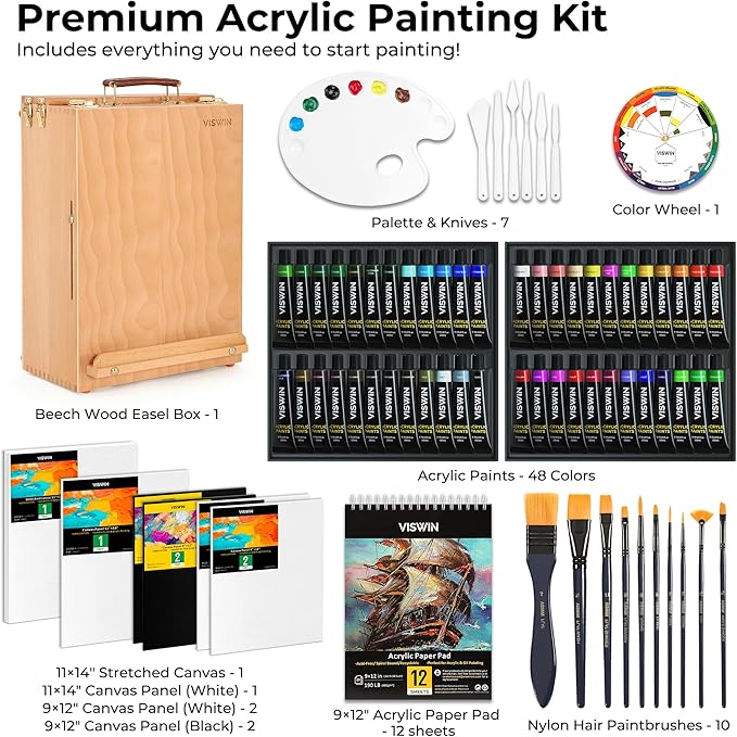 VISWIN Deluxe Acrylic Paint Kit with Tabletop Easel Box, 74 Pcs Painting Kit with 48 Acrylic Paint Set, Canvas, Brushes, Art Supplies for Adults, Artists, Beginners