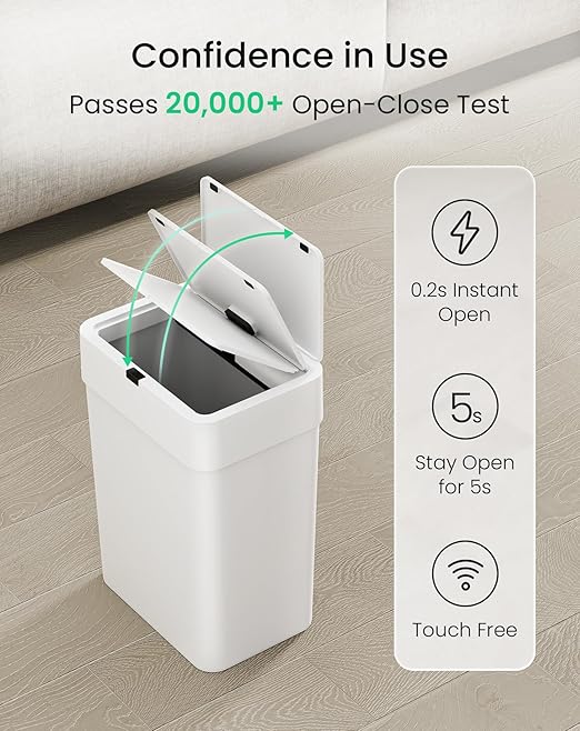 Cesun Bathroom Trash Can with Lid, 4 Gallon Motion Sensor Garbage Can Automatic Touchless Trash Cans, Slim Plastic Smart Waste Basket for Bedroom, Office, Living Room, White