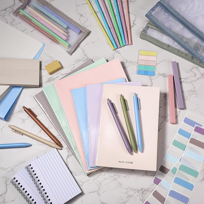 Colarr 54 Pieces Aesthetic School Supplies Including Pastel Highlighters Document Bags Pencils Notebooks Pencil Pouch Ink Pens Sticky Notes Erasers Back to School Gift Stationary Kit Supplies(Morandi)