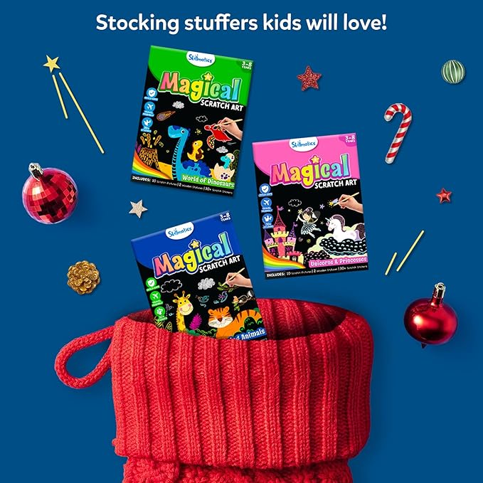 Skillmatics Scratch Art Book for Kids - Dinosaurs, Craft Kits & Supplies, 30+ Scratch Stickers, Travel Toys, DIY Kit, Gifts for Boys & Girls Ages 3, 4, 5, 6, 7, 8