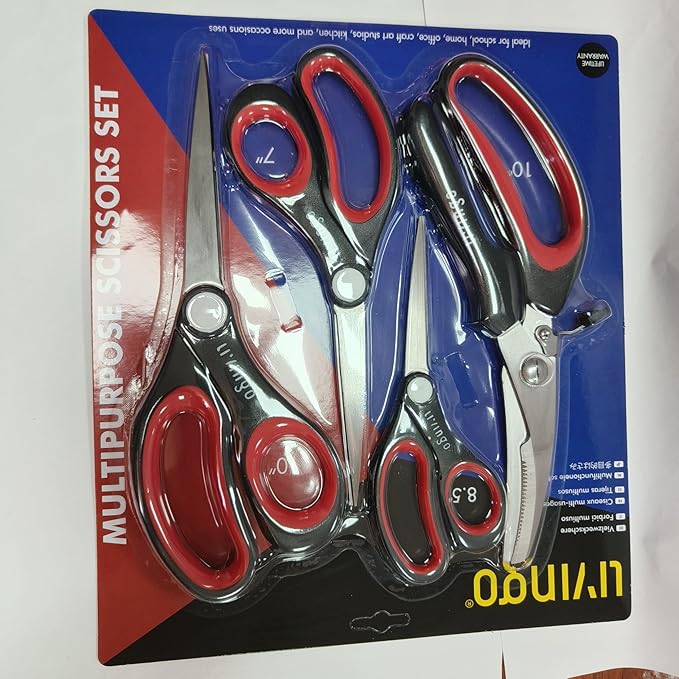 LIVINGO All Purpose Scissors Set - 4 Pack Sharp Multipurpose Heavy Duty Shears for Kitchen Cooking Sewing Fabric Cutting Poultry Food Paper Craft Office Household School Multi Pack Utility Shears