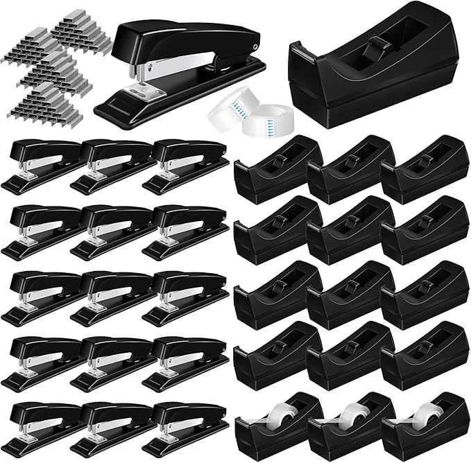 Thenshop 30 Pcs Desk Staplers Tape Dispensers Sets Black Staplers for Desktop Office with Standard Staples Black Holder with White Tape for Office School