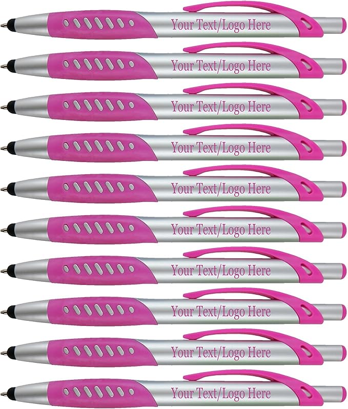 Personalized Pens With Custom Logo or Text-300 Pack Bulk-for Businesses, Parties, and Events, 2 in 1 Ballpoint Pen & Capacitive Stylus for Touchscreen Devices, Click Action, Black Ink, Pink