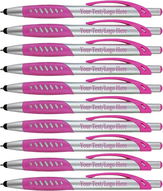 Personalized Pens With Custom Logo or Text-300 Pack Bulk-for Businesses, Parties, and Events, 2 in 1 Ballpoint Pen & Capacitive Stylus for Touchscreen Devices, Click Action, Black Ink, Pink
