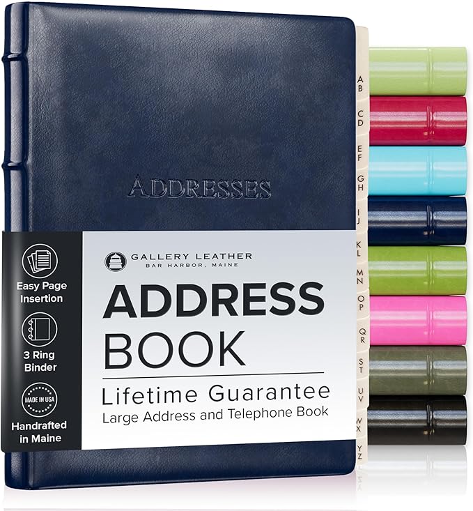 Gallery Leather Large Address Book with Alphabetical Tabs up to 480 Records, Leather Notebook Hardcover, Telephone and Address Books - 9x7, Desk Address, Acadia Navy