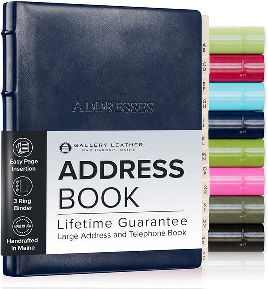 Gallery Leather Large Address Book with Alphabetical Tabs up to 480 Records, Leather Notebook Hardcover, Telephone and Address Books - 9x7, Desk Address, Acadia Navy