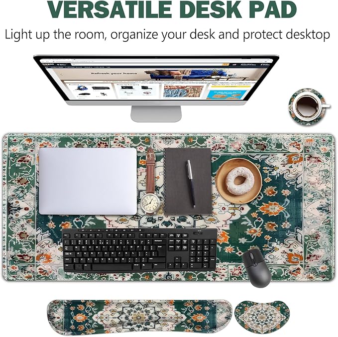 AIMSA Desk Mat Set, Large Mouse Pad + Mouse Wrist Rest + Keyboard Wrist Support + Coaster, 4in1 Rug Gaming Mouse Pad Combo for Home Office, Retro Boho Art
