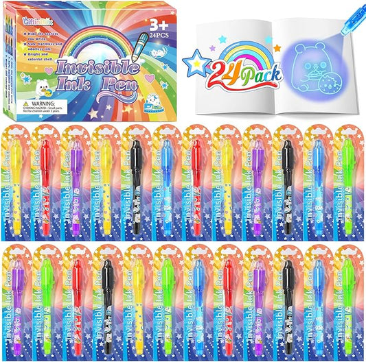 GIFTINBOX Invisible Ink Pen with UV Light for Kids, 24PCS Spy Pen Party Favors for Kids 8-12, Magic Marker for Secret Message, School Supplies Birthday Goody Bag Stuffers for Boys Girls