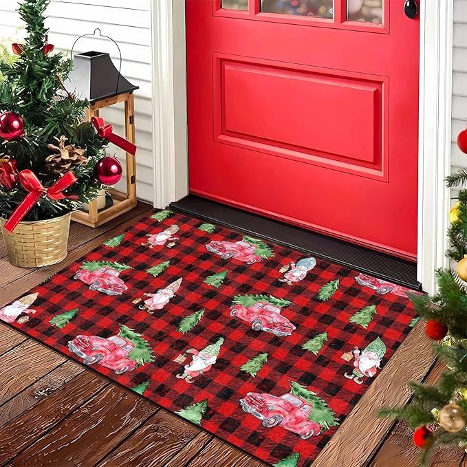 Christmas Front Door Mat Entryway Rug Buffalo Plaid Welcome Matt Front Porch Rugs Santa Claus Truck Doormat Outdoor Entrance Outdoor Rug Floor Mats, 16" x 24" Inch