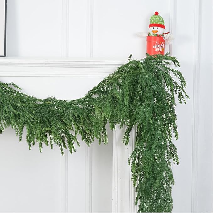 2 Pcs 6 Ft Artificial Norfolk Pine Christmas Garlands for Holiday Indoor Outdoor Decor，Real Touch Pine Garlands，Artificial Greenery Garland for Home Dining Table，Mantel，Wall Porch Christmas Decor. ﻿
