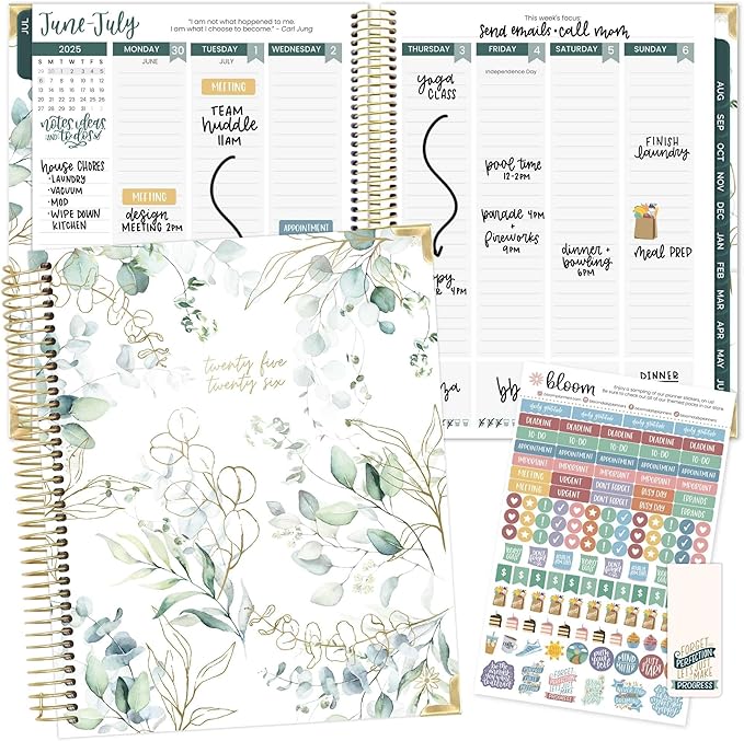 bloom daily planners 2025-2026 Hardcover Academic Year Goal & Vision Planner (July 2025 - July 2026) - Monthly & Weekly Calendar Agenda Organizer - 7.5" x 9" - Eucalyptus, White