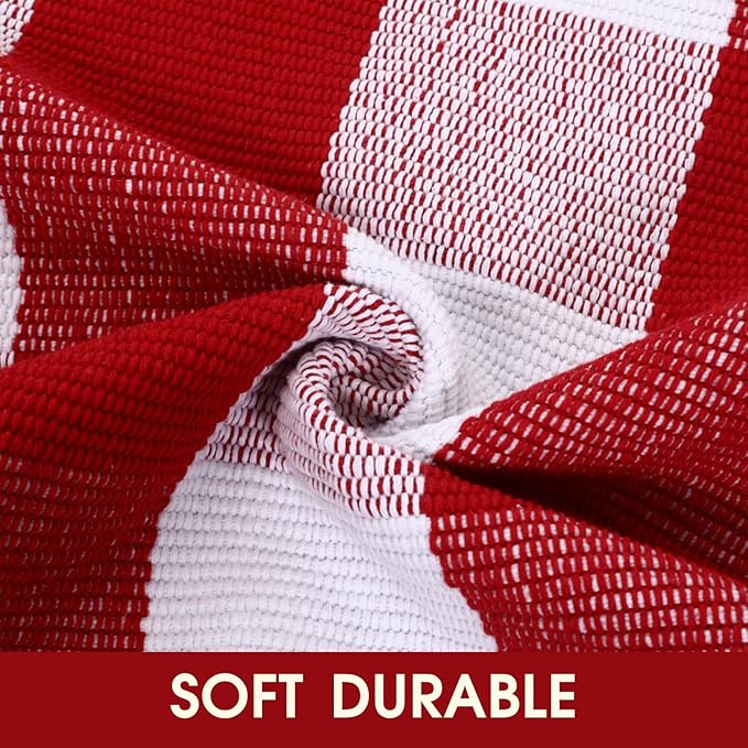 Christmas Red and White Plaid Rug, 3' x 5' Cotton Hand-Woven Layered Door Mat for Front Porch, Entryway, Outdoor Holiday Decor, Washable Buffalo Check Rug for Home, Patio, Kitchen