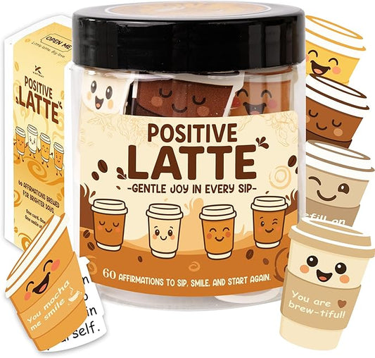 Positive Latte Affirmation Jar – 60pcs Cute Emotional Support Lattes – Coffee Gifts for Women, Men– Birthday Gift, White Elephant Gift for Coworker, Boss, Nurse, Teacher, Teens, Back to School Gifts