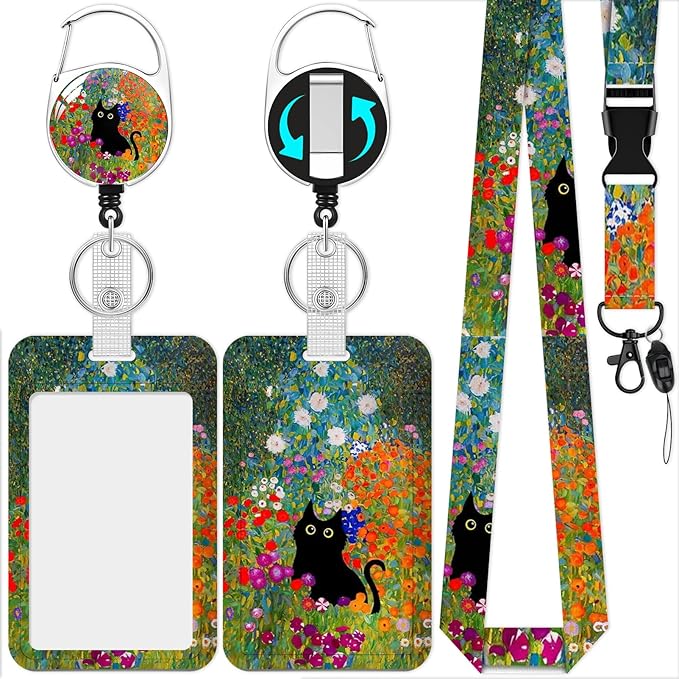 Oil Painting cat Badge Holder Reel Lanyard,Flower ID Card Badge Holder Retractable Name Tag Clips for Doctor Nurse Teacher Office Student