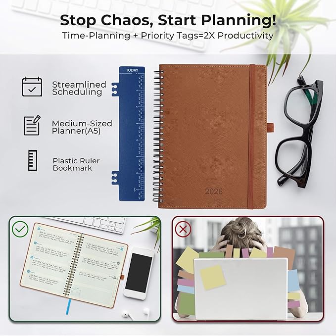 Planner 2026 Daily Weekly and Monthly,8.5"x6.5",12 Months Spiral Bound Calendar Agenda with Self-adhesive Pen Holder,2026 Appointment Book with Vegan Leather Soft Cover,Brown