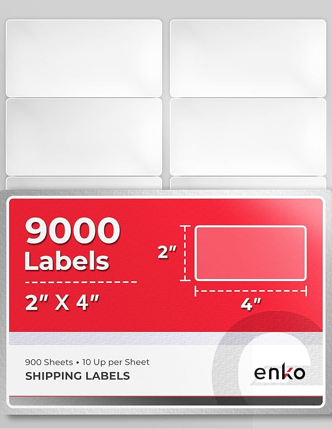 enKo - 2 x 4 Inch Label - White Blank - 10 Up Address Mailing Labels for Laser Inkjet Printer (900 Sheets, 9000 Labels)