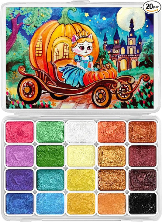 Mini Glitter Watercolor Paint Set, 20 Colors Shimmer Metallic Watercolour Painting Sets, Solid Pearl Water Color Paints for Kids, Adult, 1ml Trial Pack (Pumpkin Castle)