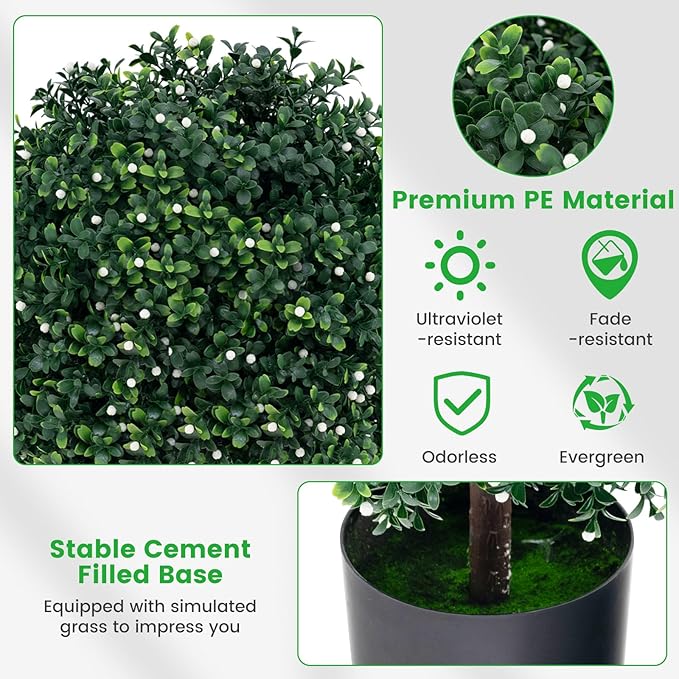 Goplus 21.5’’ Artificial Boxwood Topiary Ball Tree, Set of 2 Faux Potted Plants Artificial Shrubs Bushes with 343 White Fruits, Fake Evergreen Artificial Topiary for Home Front Porch Decor