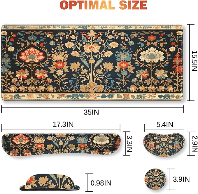 ARTSO Desk Mat Set, Mouse Pad with Wrist Rest Support + Keyboard Wrist Rest + Large Mouse Pad + Coaster, Extended Gaming Mousepad Combo, Retro Flower Plant