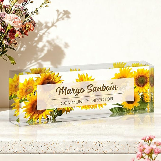 Ship Next Day-Custom Name Plate for Desk, Desk Name Plate Personalized, Acrylic Office Desk Accessories, Appreciation Gifts for Coworkers Employee Teachers Boss Women Men (Sunflower)
