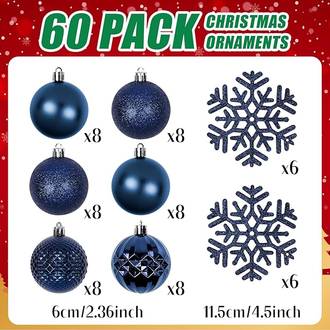 Christmas Tree Decorations Ornament Set, 60ct 2.36 Inches Blue Shatterproof Christmas Ball Ornaments, Hanging Ball for Xmas Holiday Wedding Party Decor