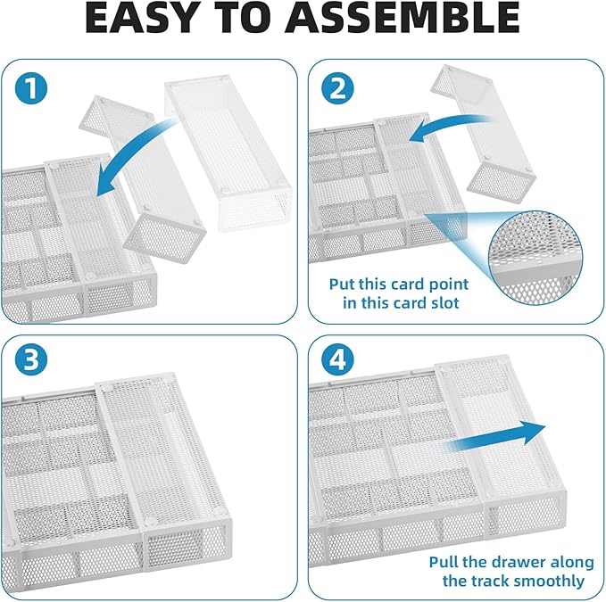 Marbrasse Expandable Desk Drawer Organizer, Mesh Drawer Organizer Tray with 10 Adjustable Compartments, Desk Organizers and Accessories for Office Supplies, Makeup & Vanity (Expandable White-2 pack)