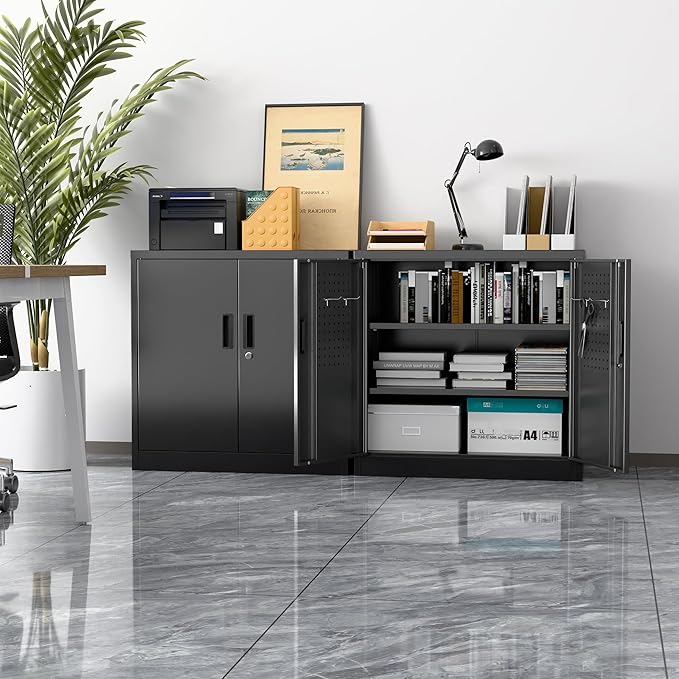 Aobabo 31.5" H Small Garage Storage Cabinet with Pegboard,Lockable File Storage Cabinet with 2 Adjustable Shelves for Garage, Office, School, Assembly Require, Black