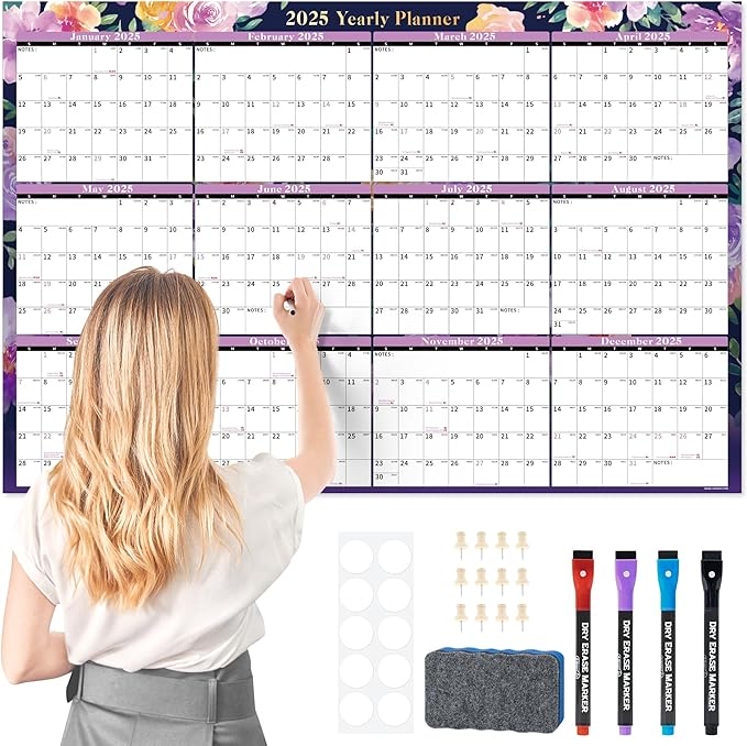 Ospelelf Dry Erase Wall Calendar 2025-2026 Large Laminated Calendar 32'' x 48'' Yearly Office Horizontal 24 Month Calendar, Use Jan 2025 - Dec 2026 (Floral)